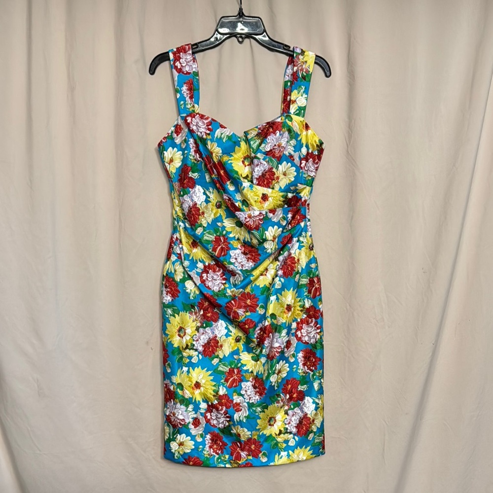 NWOT Kay Unger Ruched Sweetheart Mini Dress, Size 10, Color Floral Blue/Multi